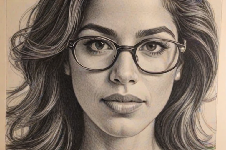 Enchanting Ana Ortiz, pencil sketch, portrait of Stunning woman 1975s in glasses, hair style beatnik, outline, clear lines, fine lines, 8k