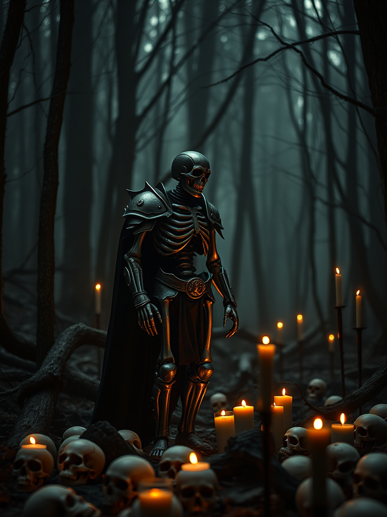 A dark fantasy scene featuring a skeletal figure in armor standing in an eerie forest, surrounded by skulls and flickering candles, shot with a DSLR camera at f/1.8, ISO 400, 50mm lens, with a shallow depth of field and soft lighting to create a moody atmosphere.