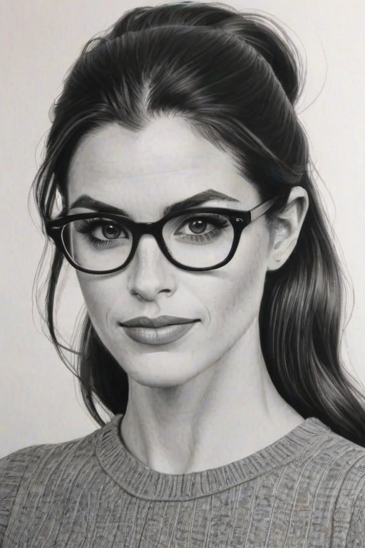 Elegant Meghan Ory, pencil sketch, portrait of Captivating woman 1965s in glasses, hair style beatnik, outline, clear lines, fine lines, 8k
