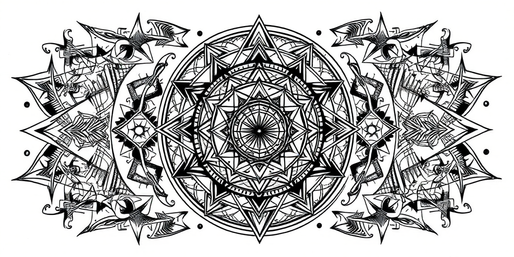 Intricate blackwork "Geometric Labyrinth" tattoo concept showcasing interconnected sacred geometry patterns forming a mesmerizing maze-like design with sharp lines and bold contrasts perfect for sleeves or back pieces