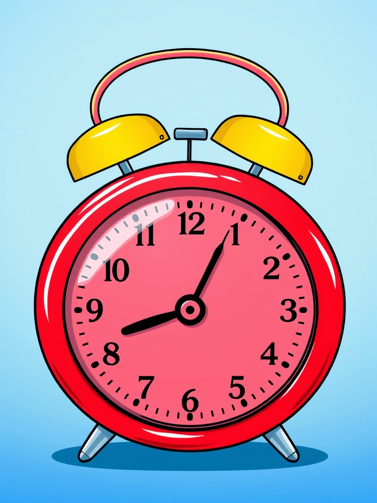 Create an illustration of a vintage red alarm clock with two yellow bells on top, set against a smooth gradient blue background, using a digital drawing style, incorporate details like shadows and reflections for depth, and use a Canon EOS R5 with a 24-70mm lens at f/8, ISO 100, 1/125s for sharpness and clarity.