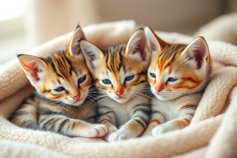 three adorable kittens snuggled together in a soft blanket, warm and cozy setting, natural light, shallow depth of field, 50mm lens, f/2.8 aperture, ISO 200, DSLR camera, soft focus background