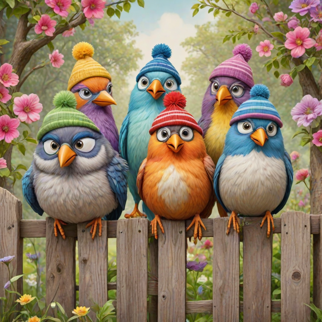 create a scene of 4 quirky  whimsical colourful comical birds each with a funny expression. they are sat on a wooden fence with colourful flowers. they are all different sizes. each one is a different colour  one is wearing a woolly hat. Each one has a different quirky google expression and there is a muted background of trees watercolour paintierly style high definition 8k resolution 3D paper mache