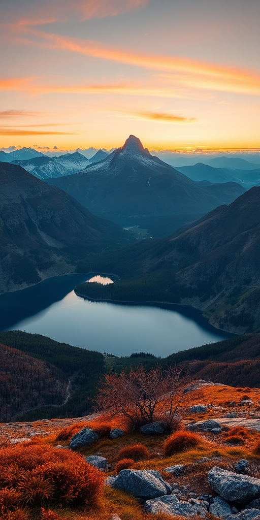 Generate a high-resolution image of a serene landscape featuring mountains and a lake at sunset, using a DSLR camera with a 50mm lens, ISO 100, aperture f/8, shutter speed 1/125s, in landscape orientation with a soft focus background to enhance depth and detail.