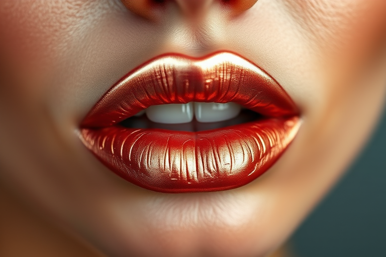 Shimmering rose gold lips with a metallic sheen, catching the light beautifully, accentuating the natural contours and creating an alluring three-dimensional effect