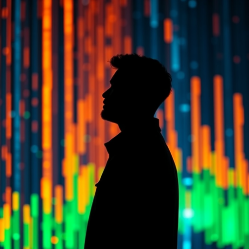 Generate a high-resolution image of a man's silhouette against a vibrant digital data backdrop with glowing columns of light in orange, blue, and green; use a Canon EOS R5 with an 85mm lens, aperture set to f/1.8, ISO 200, and a shutter speed of 1/100s, focus on a cinematic style with soft depth of field.