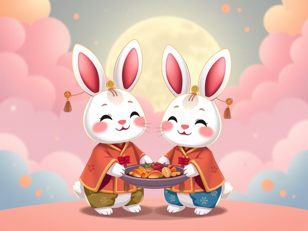 Create an illustration of two cute cartoon rabbits wearing traditional attire, holding a plate of food, against a whimsical pastel background featuring a large moon and colorful clouds, shot with a Canon EOS R5, 50mm f/1.2 lens, aperture set to f/2.8, ISO 100, using a vibrant color palette and soft focus to enhance the dreamy atmosphere.