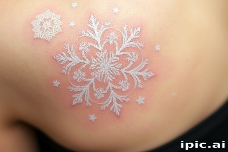 Delicate white ink tattoo named "Whispers of Frost" featuring intricate snowflake patterns and swirling winter motifs, creating a subtle and elegant design that appears to shimmer on the skin