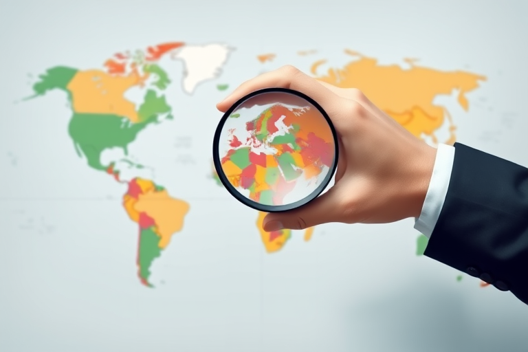 Create an illustration of a hand in a business suit holding a magnifying glass over a colorful map of the world, using a DSLR camera with a focal length of 50mm, aperture set to f/2.8, ISO 100, and a slight overhead view to enhance depth and clarity.