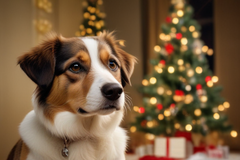 Adorable Dog Sitting in Front of a Beautiful Christmas Tree