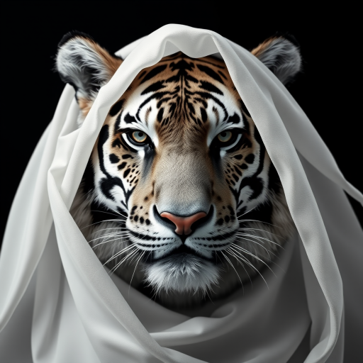 A hyper-realistic digital portrait of an tiger with fabric draped over its head. The fabric is sheer and lightweight, allowing the contours of the tiger’s face to show through, including its ears, eyes, and nose. The texture of the fabric is smooth and flowing, with delicate folds and creases that suggest softness and movement. The tiger’s expression is serene and contemplative. The image focuses on the interplay of light and shadow on the fabric and the tiger's face, creating a monochromatic palette of whites and grays. The background is a simple, nondescript dark shade to highlight the subject.