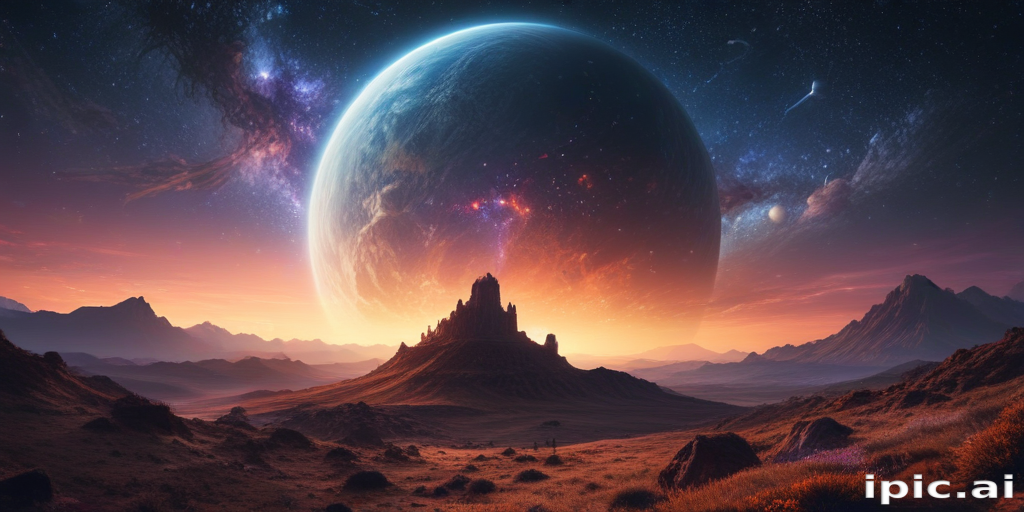 A Majestic Cosmic Landscape with a Distant Planet and Stunning Mountains.