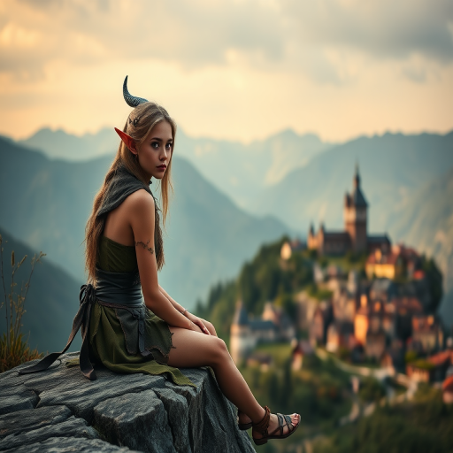portrait of a fantasy elf sitting on a cliff overlooking a mystical village with mountains in the background, soft diffused lighting, aperture f/1.8, ISO 100, 50mm lens, shallow depth of field, DSLR camera, natural color palette, dreamy atmosphere