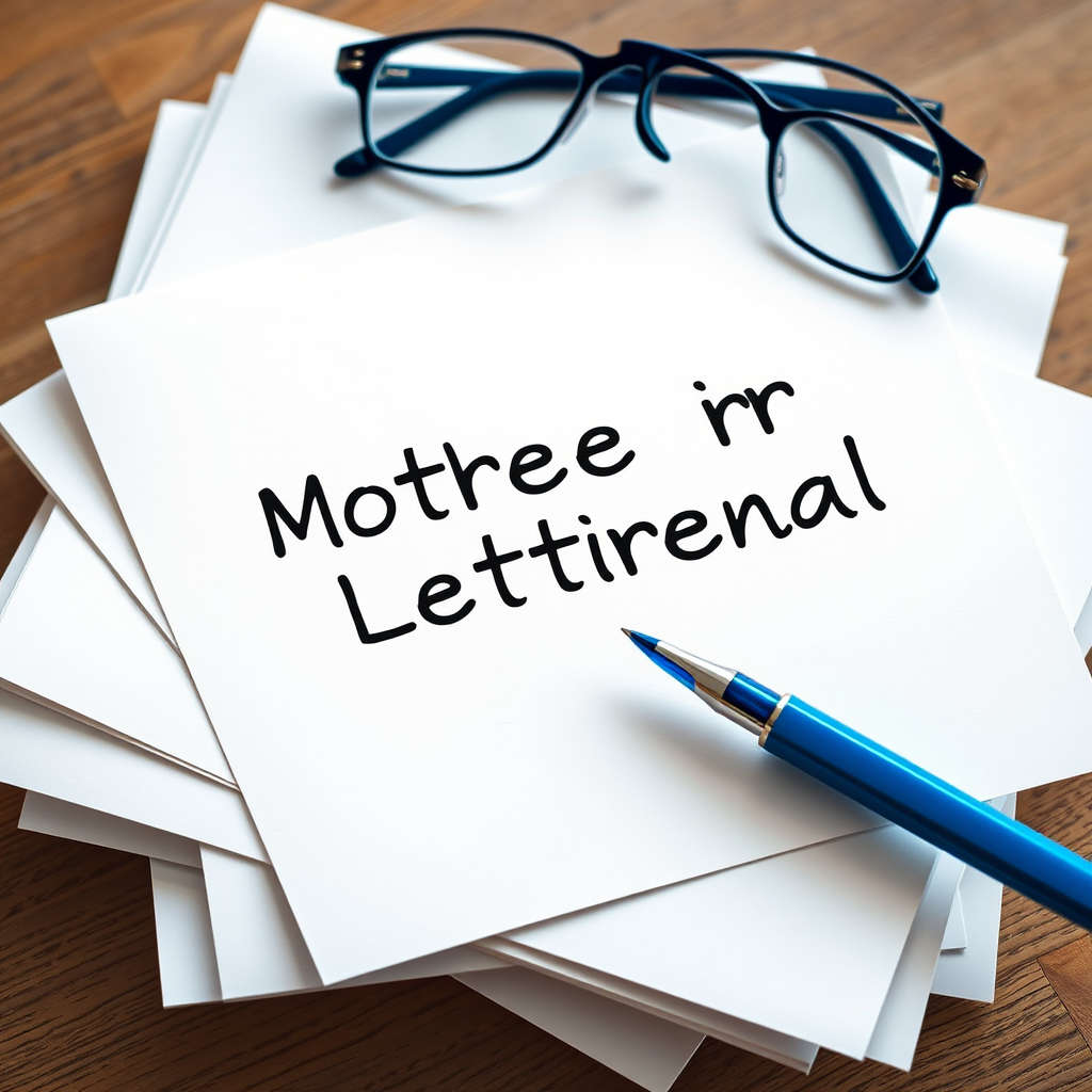 Regenerate an image of a motivational letter with a blue pen and glasses on a stack of neatly arranged papers, using a DSLR camera with a 50mm lens, aperture set to f/2.8, ISO 100, natural lighting, a shallow depth of field, and a top-down view to enhance clarity and focus on the text.