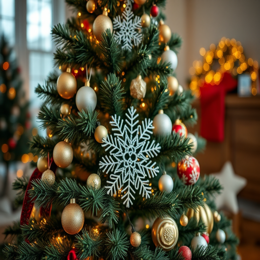 Create a high-resolution image of a stylized Christmas tree with intricate designs, shot with a DSLR camera at f/2.8 aperture, ISO 100, 50mm lens, in a well-lit indoor setting, utilizing a soft focus effect to enhance the details.