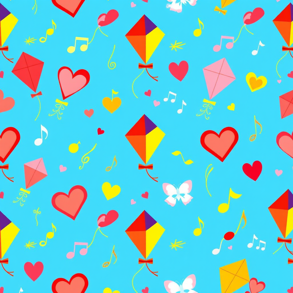create a vibrant seamless pattern of colorful kites, hearts, butterflies, and musical notes against a bright blue background in a flat illustration style, captured with a Canon EOS R5 at f/8, ISO 100, 50mm lens, vibrant colors and high saturation for enhanced detail