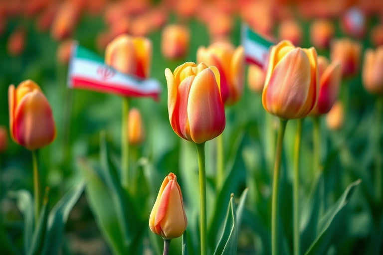 Create an image of vibrant tulips with Iranian flags, set in a lush green field, captured with a DSLR camera, 50mm lens, f/2.8 aperture, ISO 100, natural lighting, high-resolution, and a shallow depth of field.