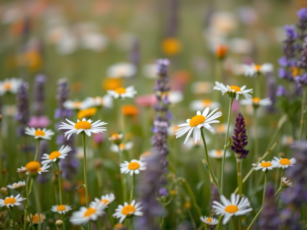 A vibrant field of wildflowers with daisies, lavender, and a soft pastel background, captured with a Canon EOS R5, 50mm lens, f/1.8 aperture, ISO 100, shallow depth of field for a dreamy effect, and a soft focus style.
