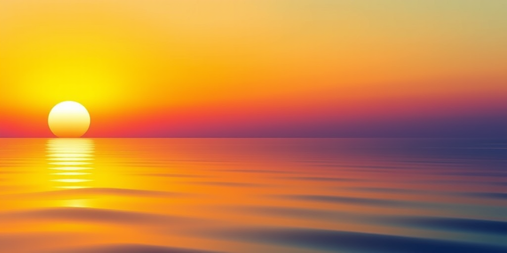 create a vibrant sunset illustration with a gradient from yellow to orange in the sky, reflected in calm water below, soft waves in the water, vivid colors blending gently, digital art style, high resolution, 300 DPI, soft focus effect, with a symmetrical composition, using a digital drawing tablet