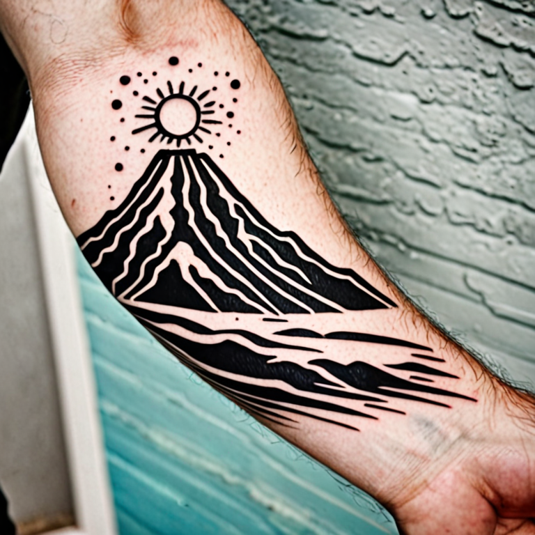 Black and white volcanic island tattoo