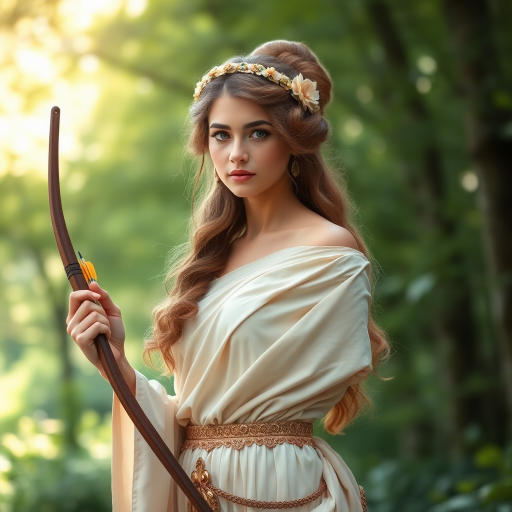 Create a portrait of a goddess-like Armenian girl figure in a tranquil, forested environment. She has an elegant appearance with long, wavy hair styled in an updo and adorned with a delicate, floral headband. She wears a flowing, ancient Greek-inspired gown in a soft, pale color, featuring a one-shoulder design and draped fabric that accentuates her graceful form. The outfit includes a decorative belt with ornate gold detailing, and she holds a bow in her hand, with a quiver of arrows slung over her shoulder. The background depicts lush greenery, with sunlight filtering through the trees, casting a gentle, ethereal light on the scene. Her expression is calm and contemplative, embodying a sense of wisdom and serenity.