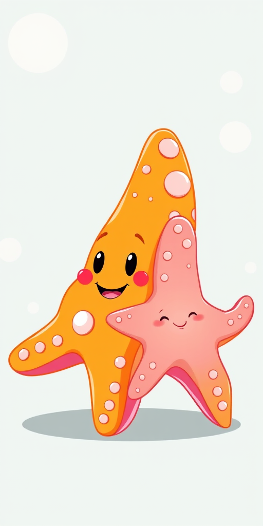 Create an illustration of two cartoon starfish characters, one orange with polka dots and a smiling face, the other pink with larger dots and a joyful expression, using a digital art style, with a focus on vibrant colors and smooth lines, captured in a high-resolution format, with a 50mm lens, f/2.8 aperture, and a soft-focus background to enhance the characters.