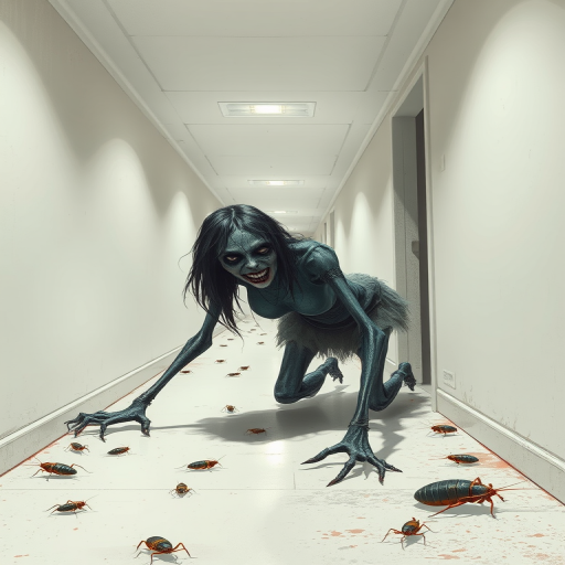 a crooked female with long arms and a creepy smile is crawling along a long white corridor and you can also see cockroaches in it there is a creepy atmosphere creepy art style
