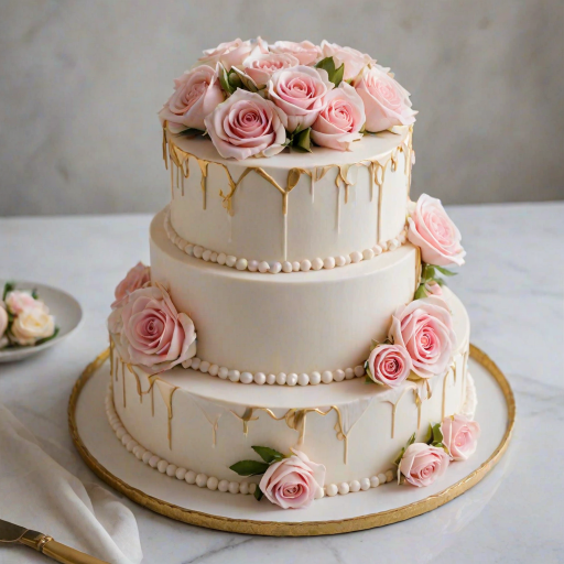 Create an elegant two-tier cake adorned with fresh pink and white roses. The cake should have a smooth white frosting with gold accents, featuring a unique design that showcases the flowers peeking through layers. The overall look should be sophisticated and visually appealing, perfect for a wedding or special occasion.