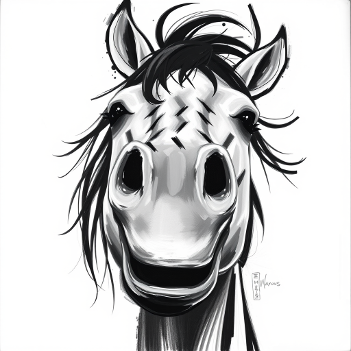 Abstract black and white acrylic portrait of an over exaggerated laughing (horse). Minimalism style. White background.