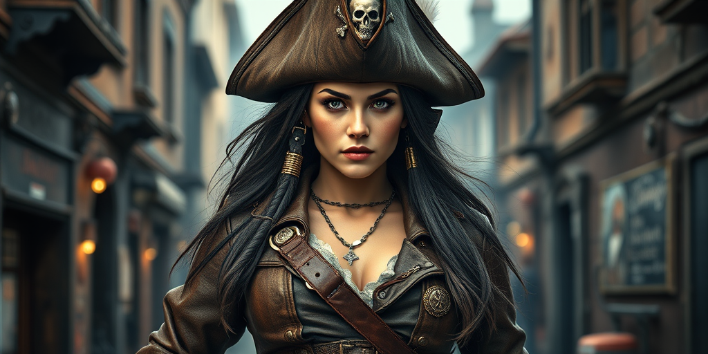 Create a portrait of a fierce female pirate. She wears a leather tricorn hat adorned with a skull and crossbones emblem, and her long, dark hair flows around her face. Her outfit consists of a richly detailed leather jacket, a corset, and multiple layers of belts and accessories, giving her a formidable and stylish appearance. She stands confidently in a dimly lit, historic port town, with a backdrop of weathered buildings and cobblestone streets, capturing the adventurous spirit of a pirate.