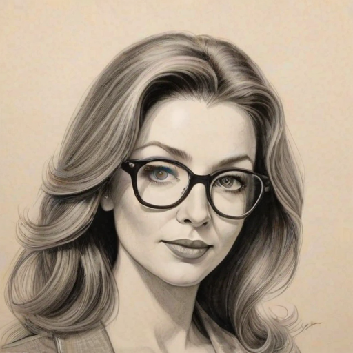 Resplendent Donna Murphy, pencil sketch, portrait of Graceful woman 1971s in glasses, hair style beatnik, outline, clear lines, fine lines, 8k