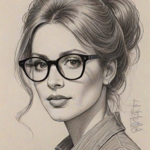 Dazzling Cristina Ricci, pencil sketch, portrait of Graceful woman 1974s in glasses, hair style beatnik, outline, clear lines, fine lines, 8k