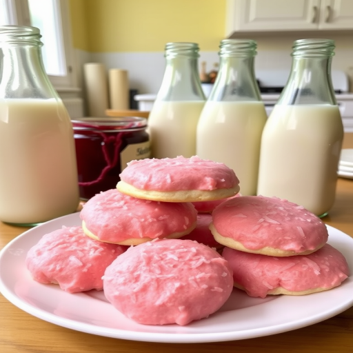 A plate of pink coconut cream-filled cookies surrounded by glass bottles of milk and a jar of jam in a bright kitchen setting.