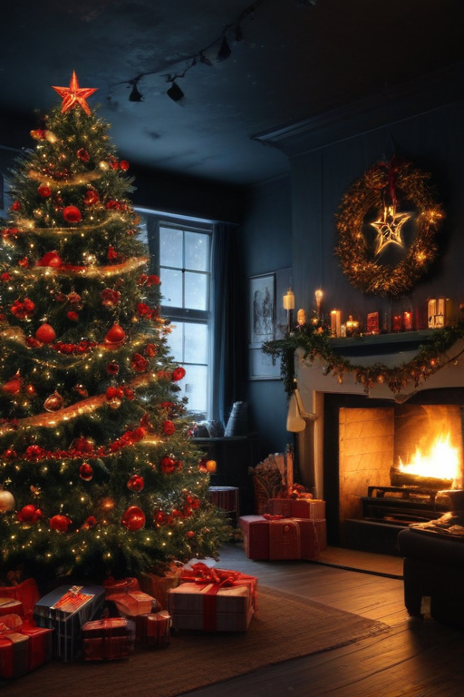 Cozy Winter Scene with a Beautifully Decorated Christmas Tree and Fireplace