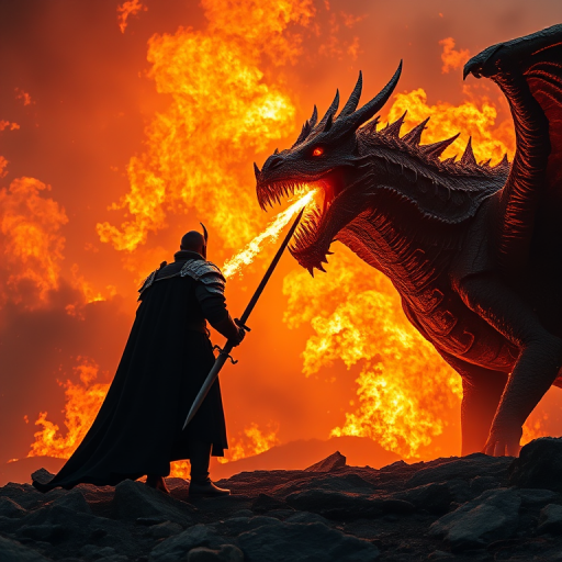 Create an epic fantasy scene depicting a dark knight confronting a fire-breathing dragon against a fiery backdrop, captured with a Canon EOS R5 at f/4, ISO 100, 1/250s, using a wide-angle lens for a dramatic perspective.