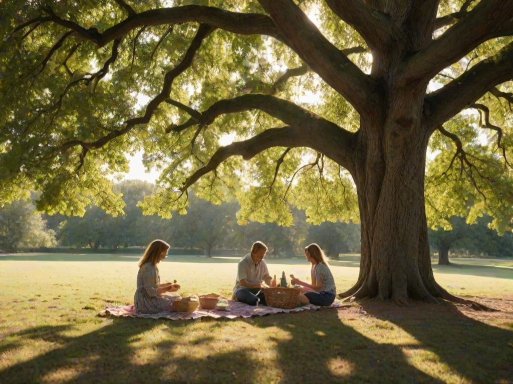 Warmly lit image of a family enjoying a picnic under a large oak tree, soft sunlight filtering through the leaves, casting dappled shadows on the ground, with the distant sound of children laughing.