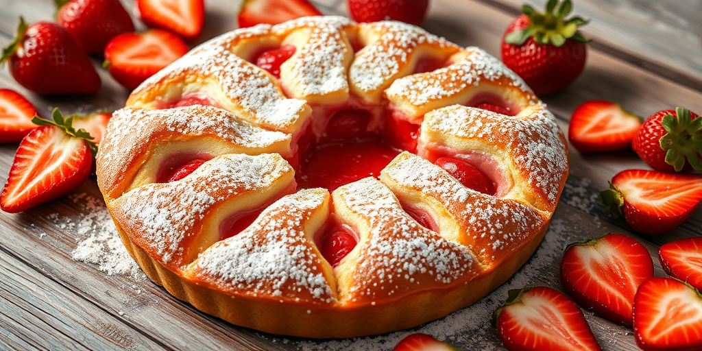Create an image of a freshly baked strawberry dessert with a golden brown crust and a few slices cut out revealing the pink strawberry filling inside. Surround the dessert with scattered fresh strawberry slices on a rustic wooden surface. The dessert should appear moist and inviting, dusted lightly with powdered sugar on top.