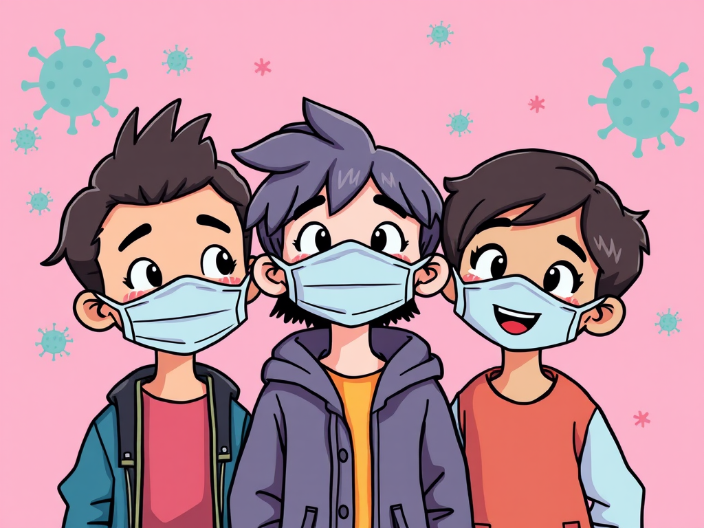 Create a playful illustration of three cartoon characters wearing masks, with a pink background featuring faint virus motifs, focus on vibrant colors, use a Canon EOS R5 camera, 50mm lens, f/1.8 aperture, ISO 100, capture in a bright and cheerful style.