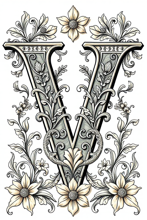 Create a detailed illustration of a large, ornate letter V adorned with intricate floral designs in a vintage style, using a macro lens, at f/2.8 aperture, ISO 100, 1/200s shutter speed, shot in natural light with a DSLR camera.
