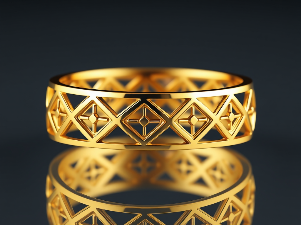 Create a high-resolution 3D render of a golden ring with intricate geometric patterns, shot from a slightly elevated angle, using a 50mm lens at f/2.8, with a softbox lighting setup to enhance reflections, in a digital studio environment.