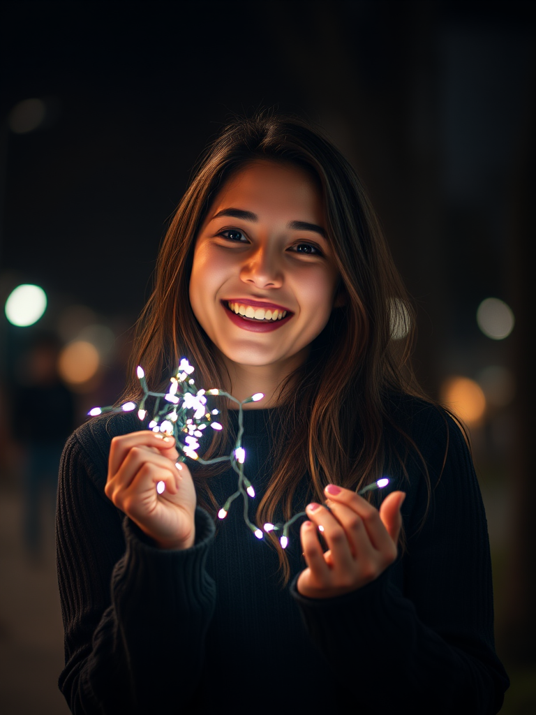 A young woman holds fairy lights with a joyful expression in a nighttime setting, use a Canon EOS R5 camera with a 50mm f/1.2 lens, aperture at f/1.2, ISO 800, shutter speed 1/100 second, shallow depth of field, soft bokeh background, warm light tones.