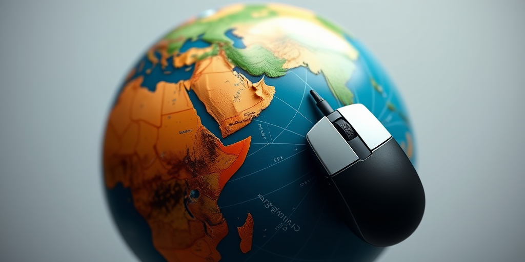 Create a high-resolution illustration of a globe with a computer mouse overlay, using a Canon EOS 5D Mark IV, 50mm lens, f/2.8 aperture, ISO 100, soft focus background, vibrant colors, and a flat perspective.