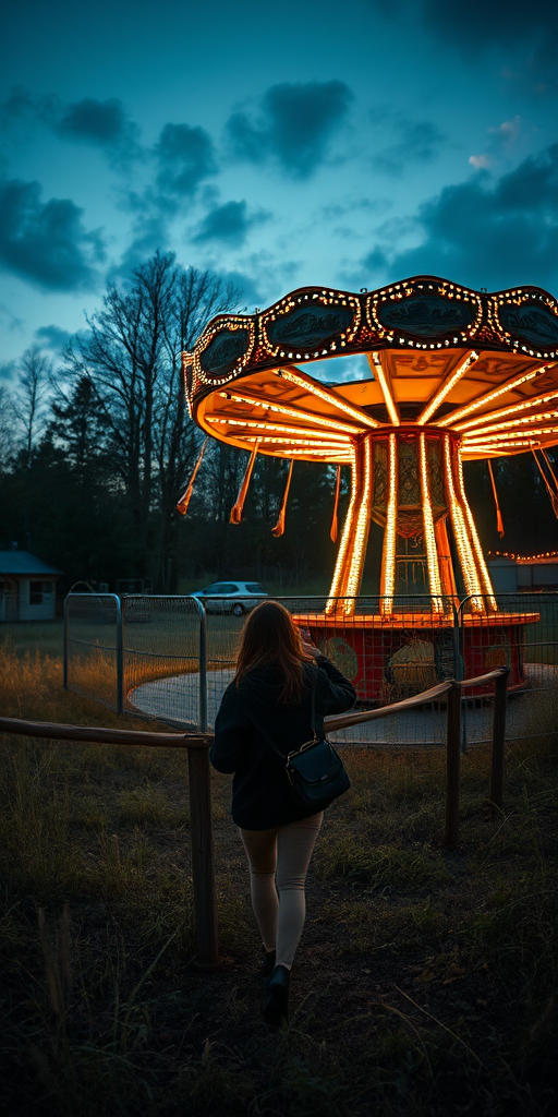 Abandoned fairground at twilight, rusted rides and overgrown grass, a woman explores cautiously, her camera capturing the eerie beauty of the forgotten place.
