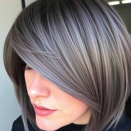 Sophisticated close-up featuring Smoky Quartz strands, a blend of cool grays and subtle lavender undertones, cut into a sharp, angled lob with side-swept bangs