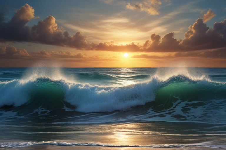 Tranquil Sunset Over Ocean Waves with Soft Clouds and Golden Light