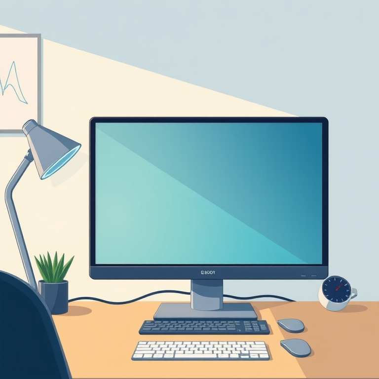 Create a high-resolution illustration of a computer monitor on a desk with a sleek design, using a DSLR camera at f/1.8 aperture, 24mm focal length, and a 1/60 second shutter speed for sharpness and depth of field.