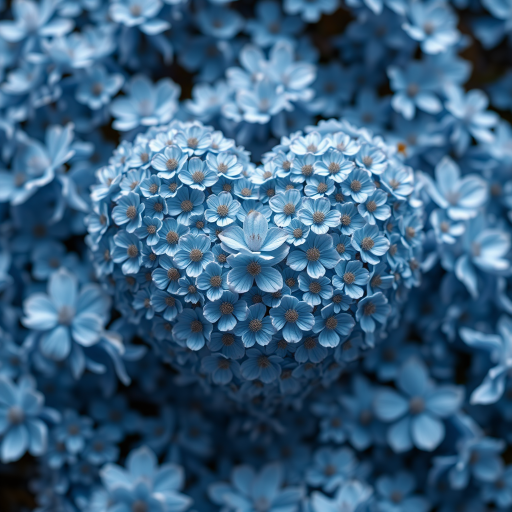 Create a high-resolution image of a heart shape filled with intricate floral patterns in shades of blue, using a Canon EOS R5 with a 50mm f/1.2 lens, aperture set to f/2.8, ISO 100, shot from a top-down perspective, with soft natural lighting to enhance the colors and details.