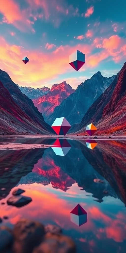 Generate a vibrant and surreal landscape featuring colorful mountains and floating geometric shapes, with a reflective body of water in the foreground, captured using a DSLR camera at f/11, ISO 100, 24mm lens, taken from a low angle to emphasize depth and enhance colors.