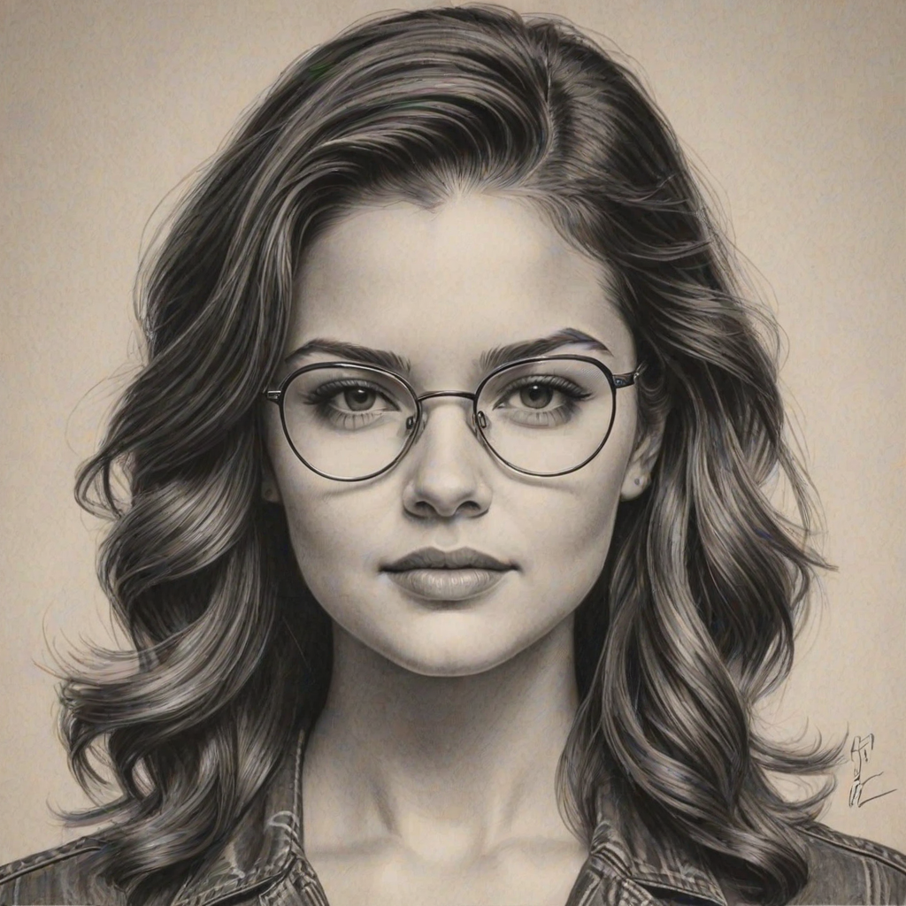Ravishing Danielle Campbell, pencil sketch, portrait of Enticing woman 1947s in glasses, hair style beatnik, outline, clear lines, fine lines, 8k