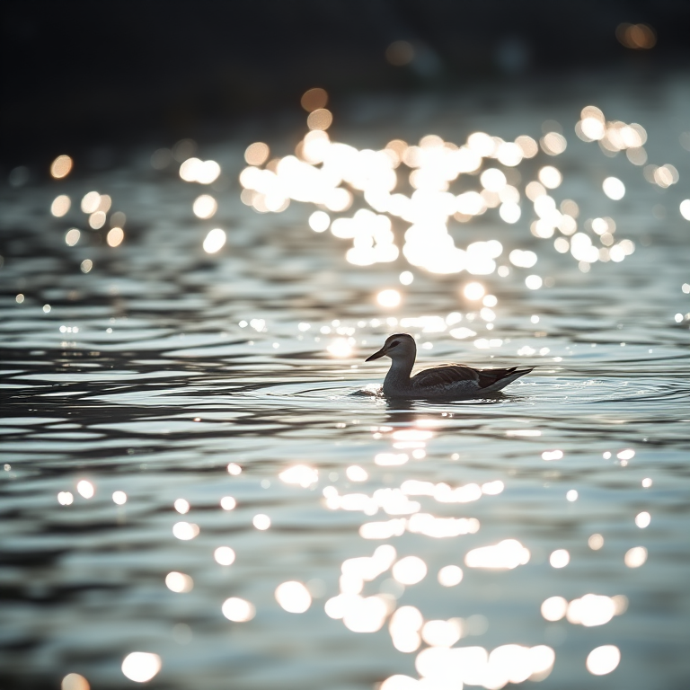 capture a serene image of a solitary bird swimming in shimmering water under soft natural light, with a shallow depth of field, using a DSLR camera with a 50mm lens, aperture set to f/2.8, ISO 200, shutter speed 1/250 sec, focusing on the bird, with a lighting effect accentuating the reflections on the water surface.